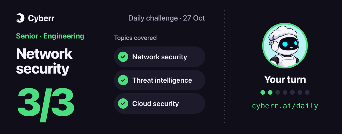 3/3 on today's Cyberr daily challenge. Senior level: network security, threat intelligence and cloud…