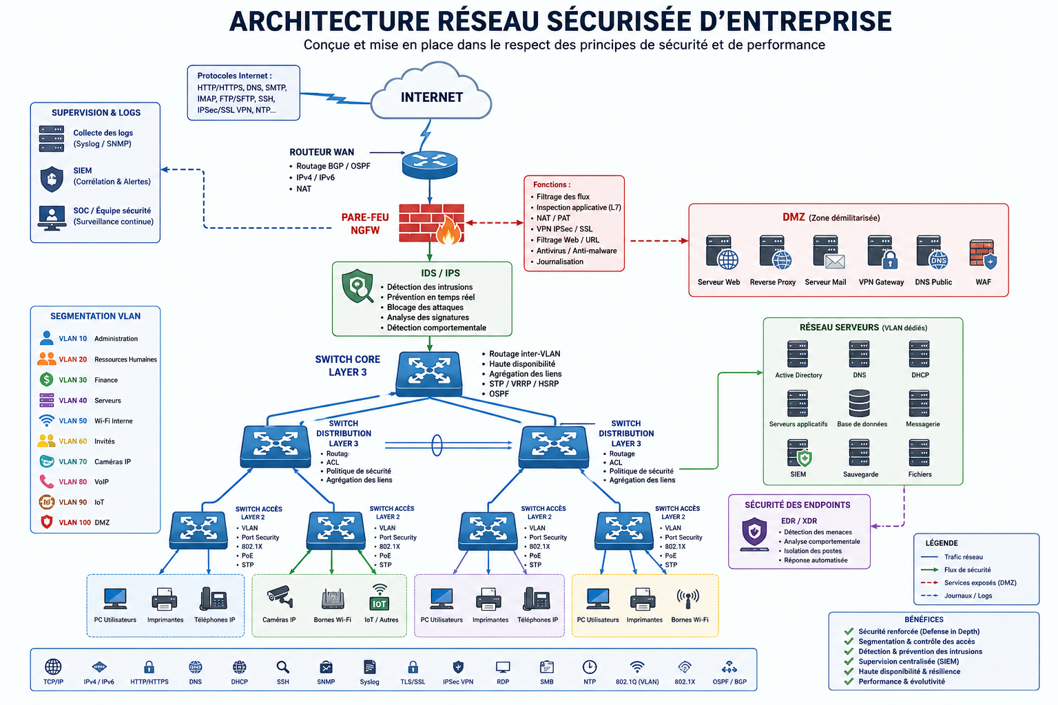 Dans le cadre d'un projet de cybersécurité, j'ai conçu et déployé une architecture réseau sécurisée…
