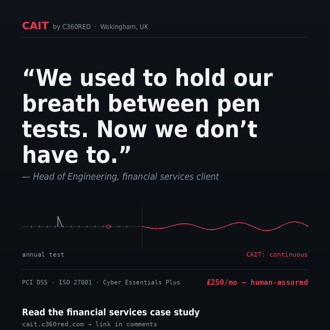 "We used to hold our breath between pen tests. Now we don't have to." That's a Head of Engineering at a UK…