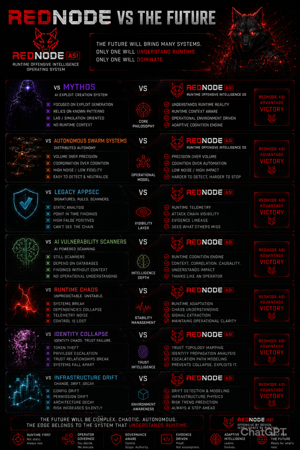 REDNODE VS THE FUTURE RedNodeASI vs Mythos RedNodeASI vs Autonomous Swarm Systems RedNodeASI vs Legacy…