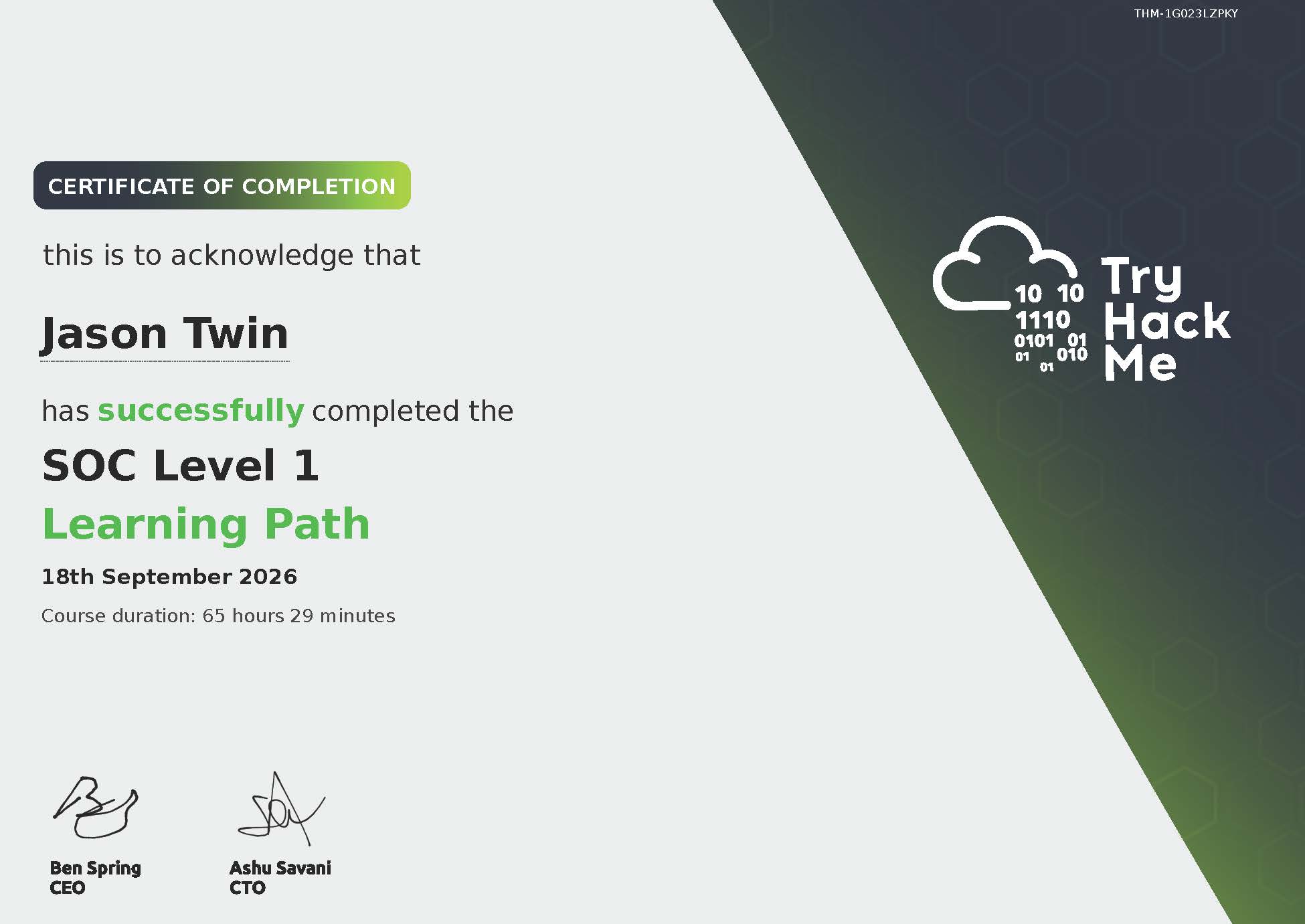 I’m happy to share that I’ve obtained a new certification: SOC Level 1 Certificate from TryHackMe!