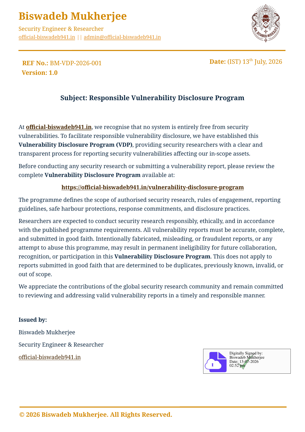 I'm pleased to announce the publication of the Responsible Vulnerability Disclosure Program (VDP) for…