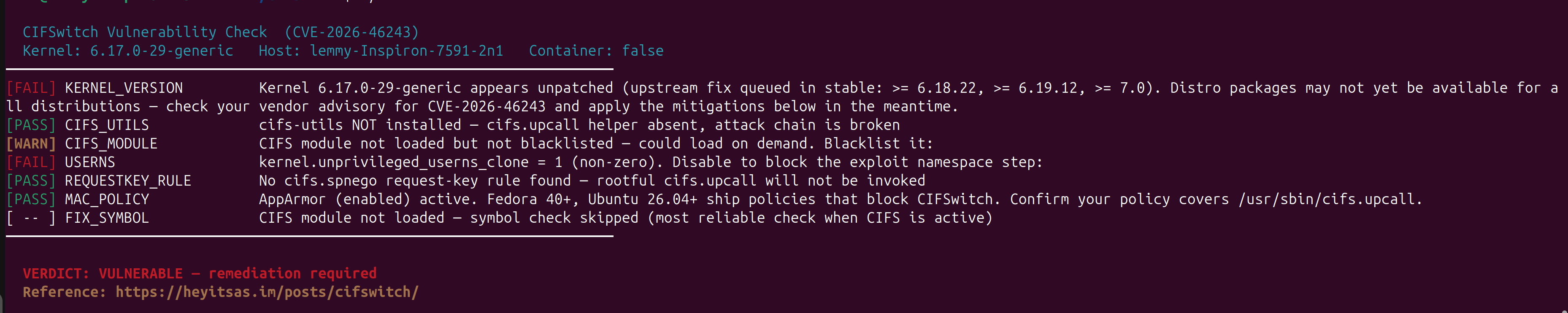 Just released an open-source bash checker for CIFSwitch (CVE-2026-46243) — the 19-year-old Linux kernel LPE…