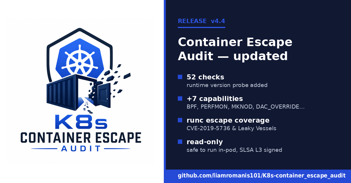 K8s Container Escape Audit has just released version 4.4. This read-only bash script is designed to be run…