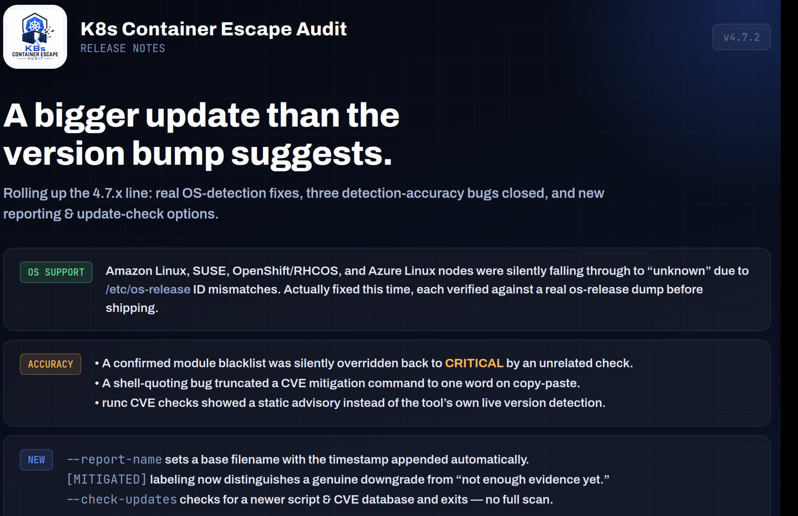 container_escape_audit v4.7.2 — rolling up the 4.7.x line A bigger update than the version bump suggests…