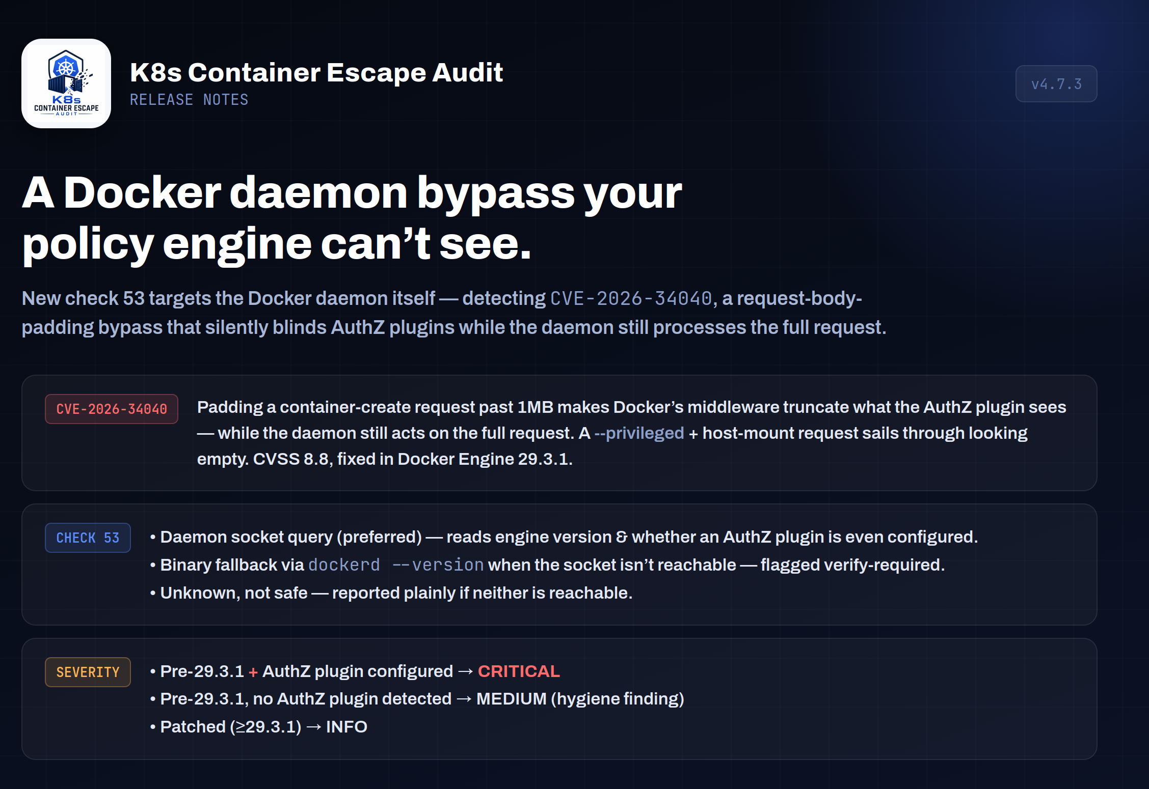 Kubernetes Container Escape Audit v4.7.3: catching a Docker daemon bypass your policy engine can't see Most…