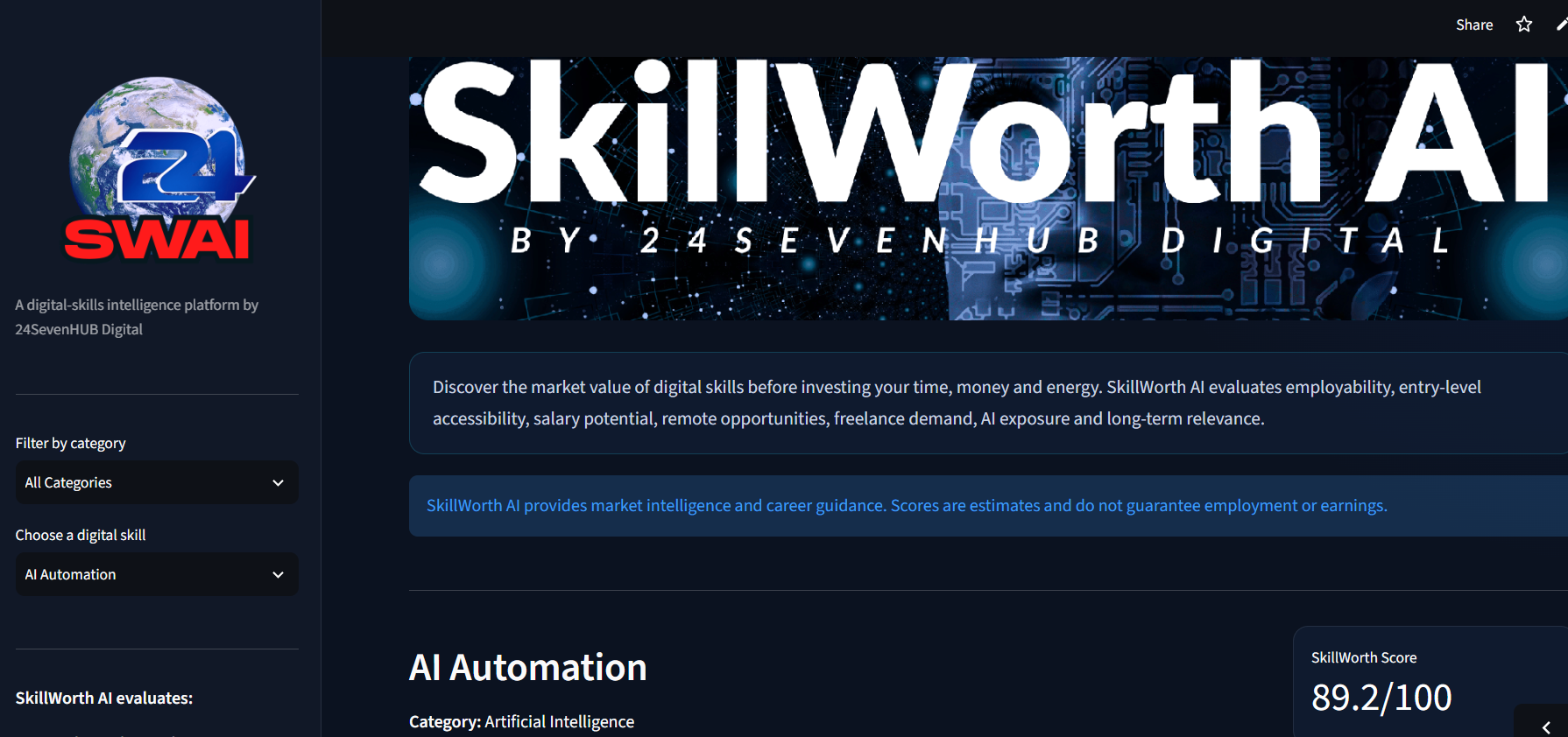 🚀 Introducing SkillWorth AI by 24SevenHUB Digital Choosing a digital skill should not feel like gambling…