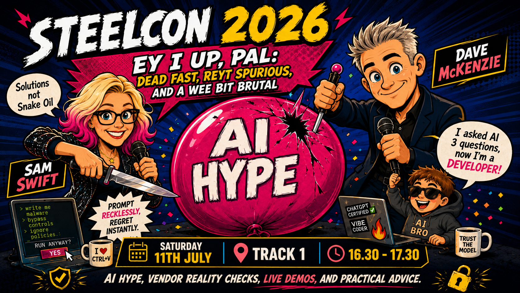 Given the talk title, a horrendous AI image that looks very little like us seemed totally fitting. Anyhoo…