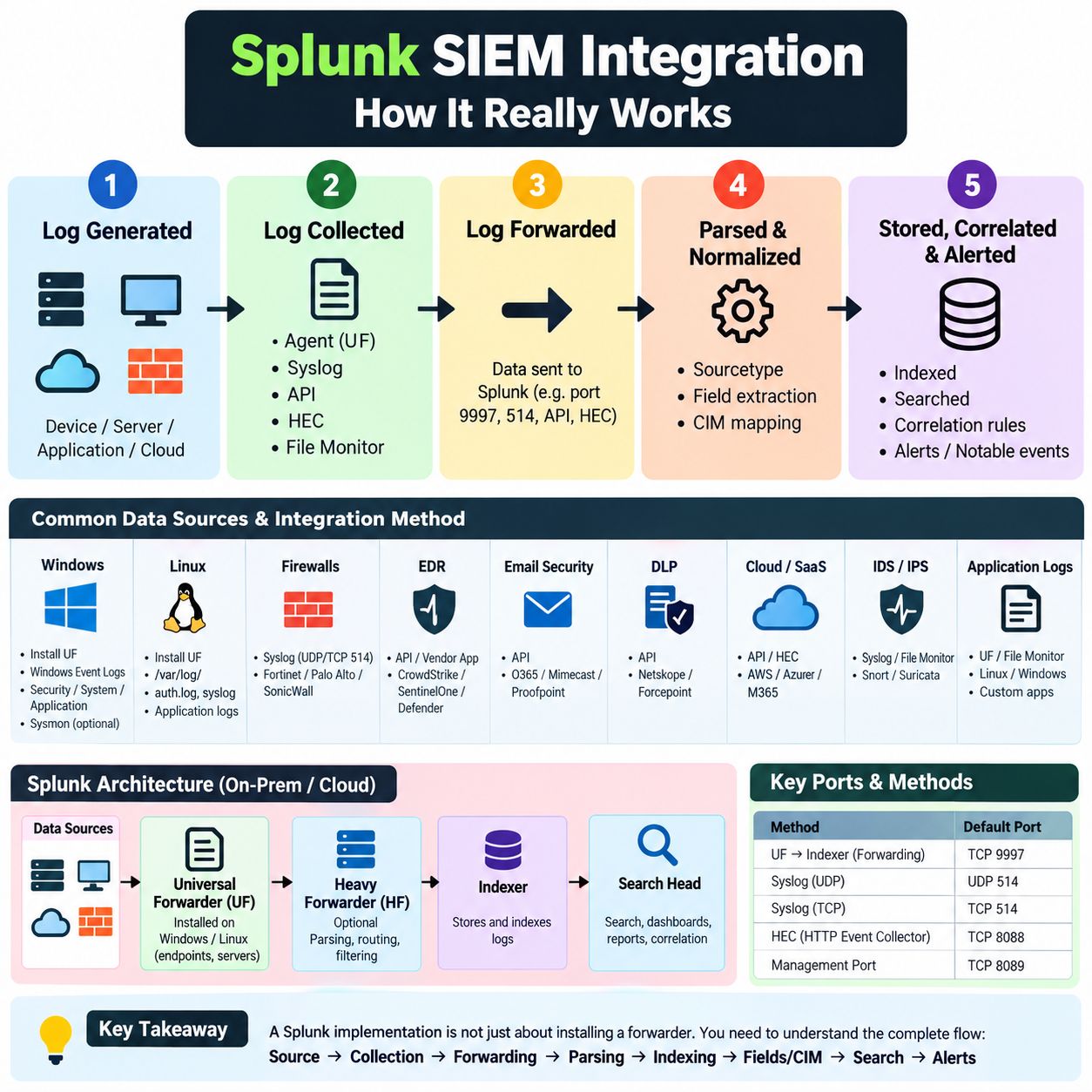 🔐 Splunk SIEM INTEGRATION Generate → Collect → Forward → Parse → Index → Normalize → Search → Alert ⚠️…