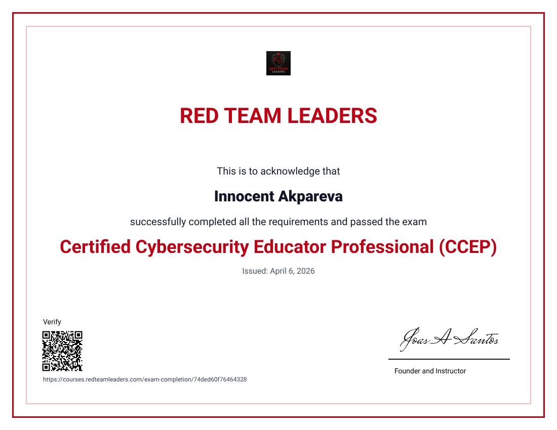 Just earned the Certified Cybersecurity Educator Professional (CCEP) from Red Team Leaders. Knowing your…