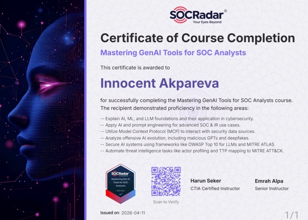 I’m officially certified in Mastering GenAI Tools for SOC Analysts! 🎓 ​The landscape has changed. To stay…